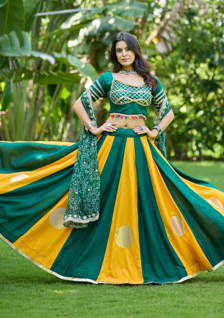 Emerald Sequin Work Cotton Lehenga Set - Indya