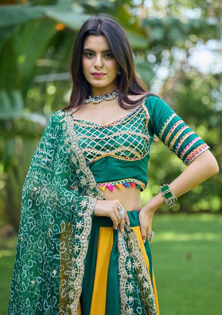Emerald Sequin Work Cotton Lehenga Set - Indya