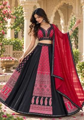 Red And Black Printed Silk Lehenga Set