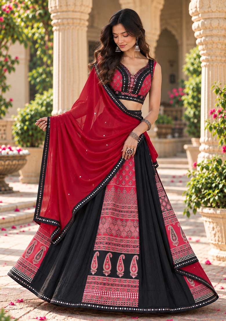 Red And Black Printed Silk Lehenga Set - Indya