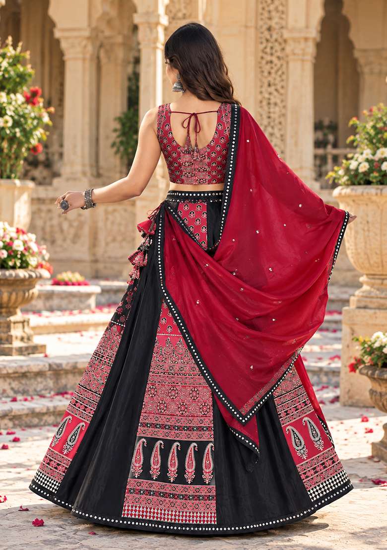 Red And Black Printed Silk Lehenga Set - Indya