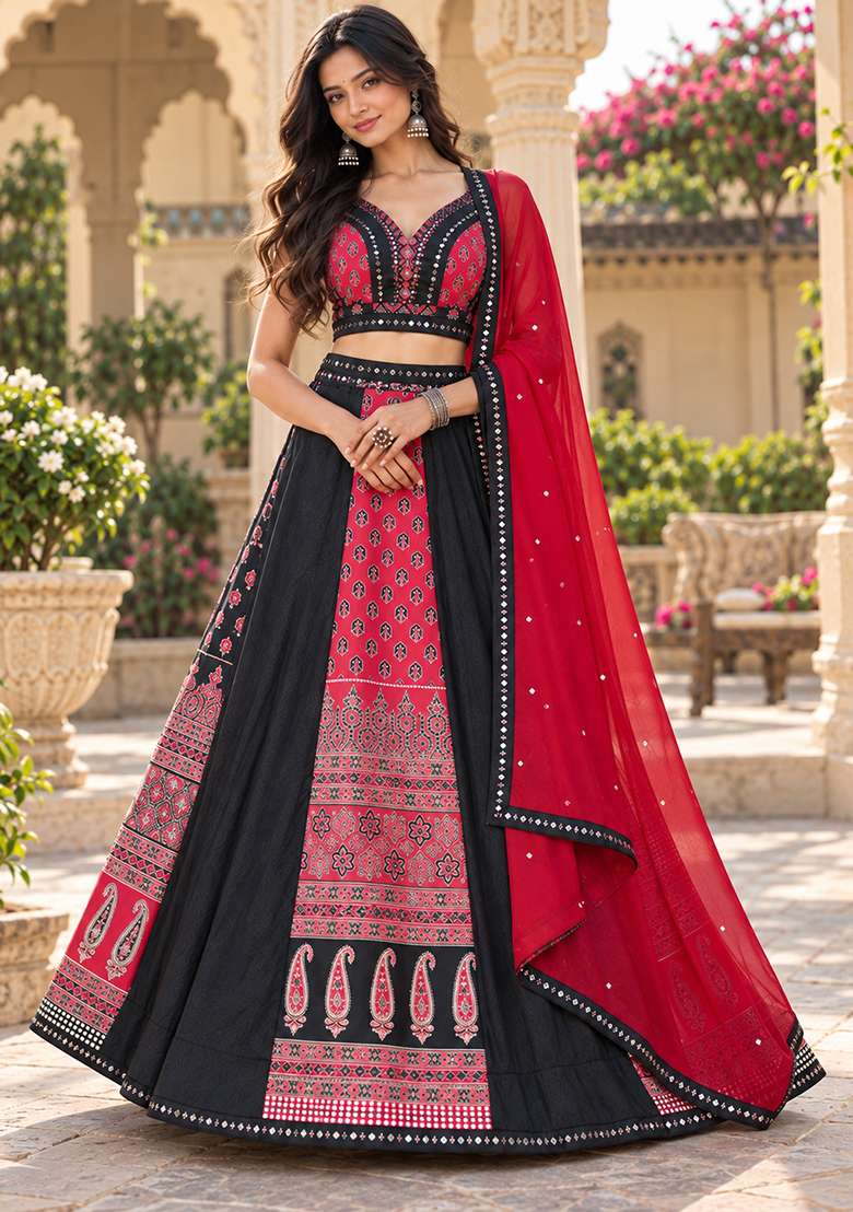 Red And Black Printed Silk Lehenga Set - Indya