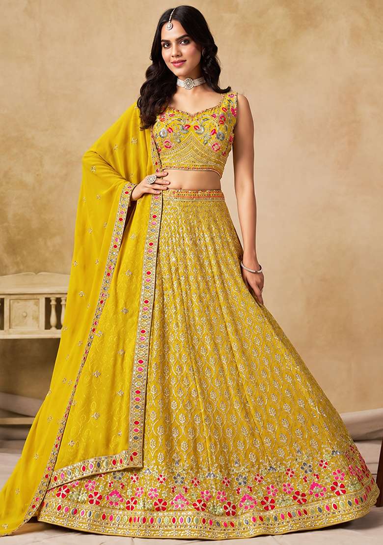 Yellow Sequin Work Georgette Lehenga Set - Indya