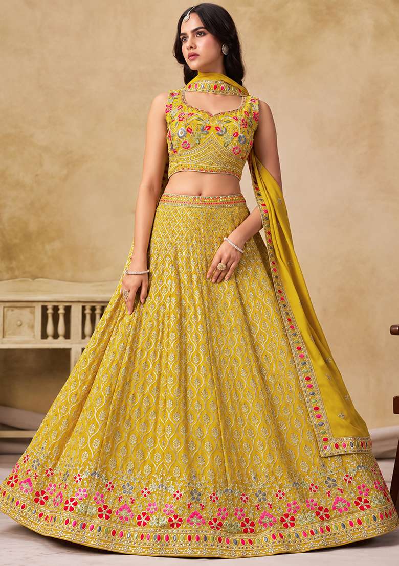 Yellow Sequin Work Georgette Lehenga Set - Indya