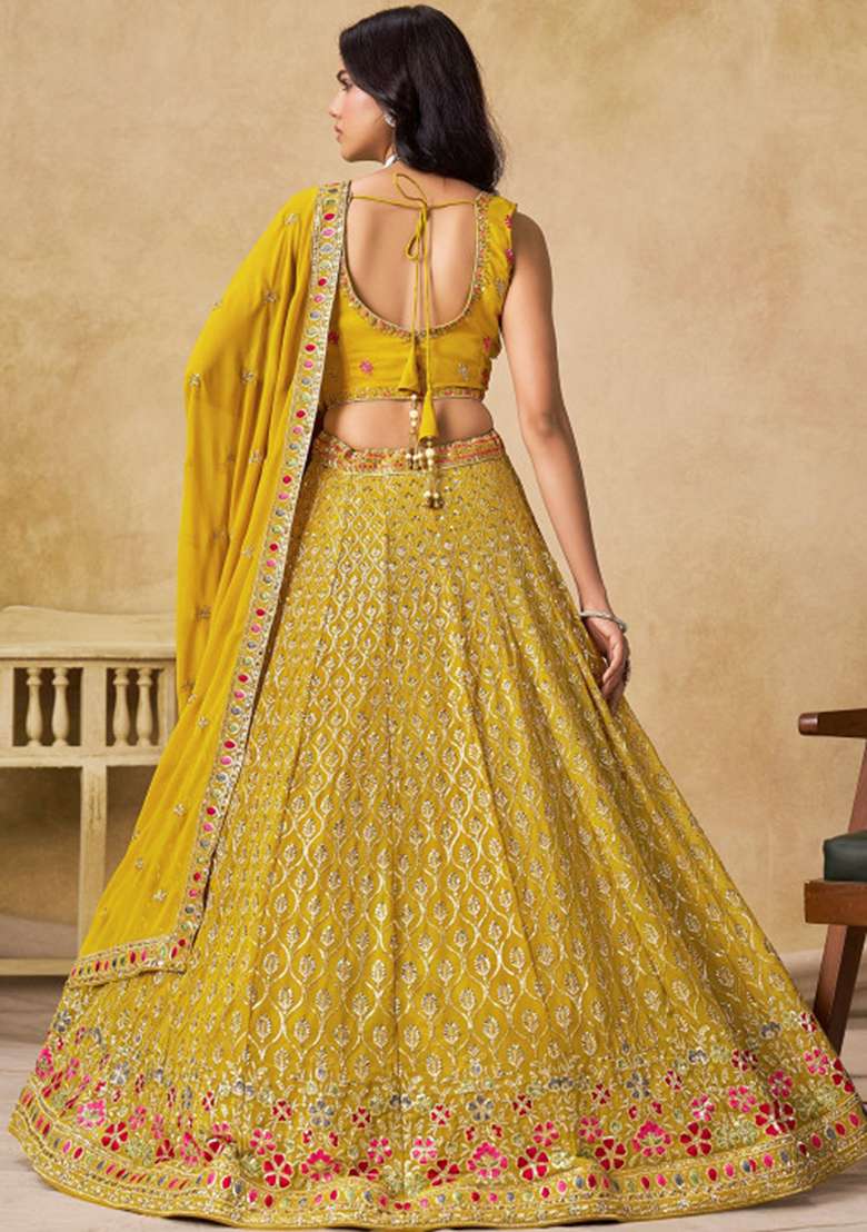 Yellow Sequin Work Georgette Lehenga Set - Indya