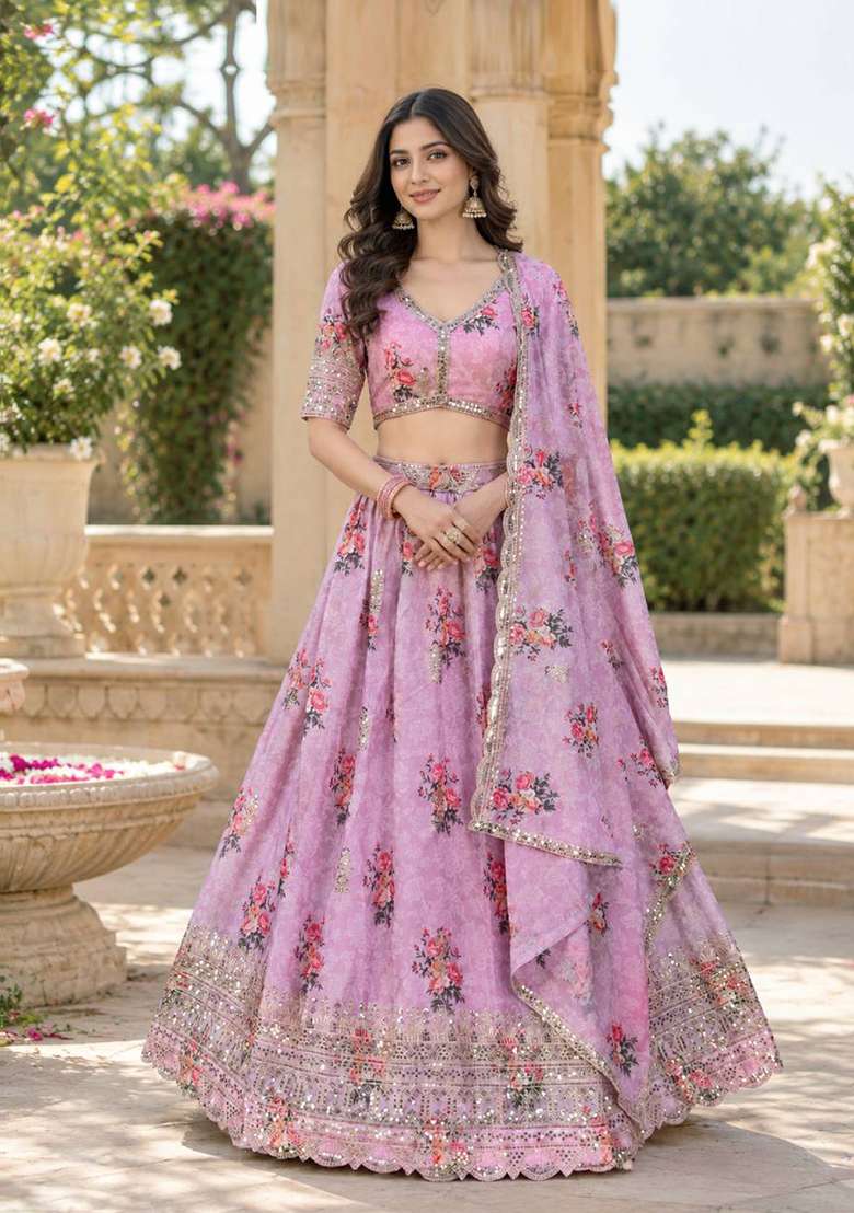 Pink Sequin Work Georgette Lehenga Set - Indya
