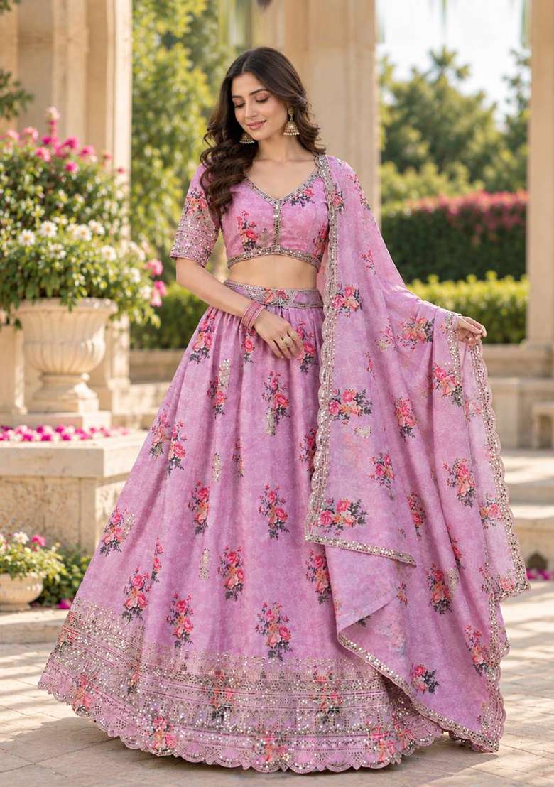 Pink Sequin Work Georgette Lehenga Set - Indya