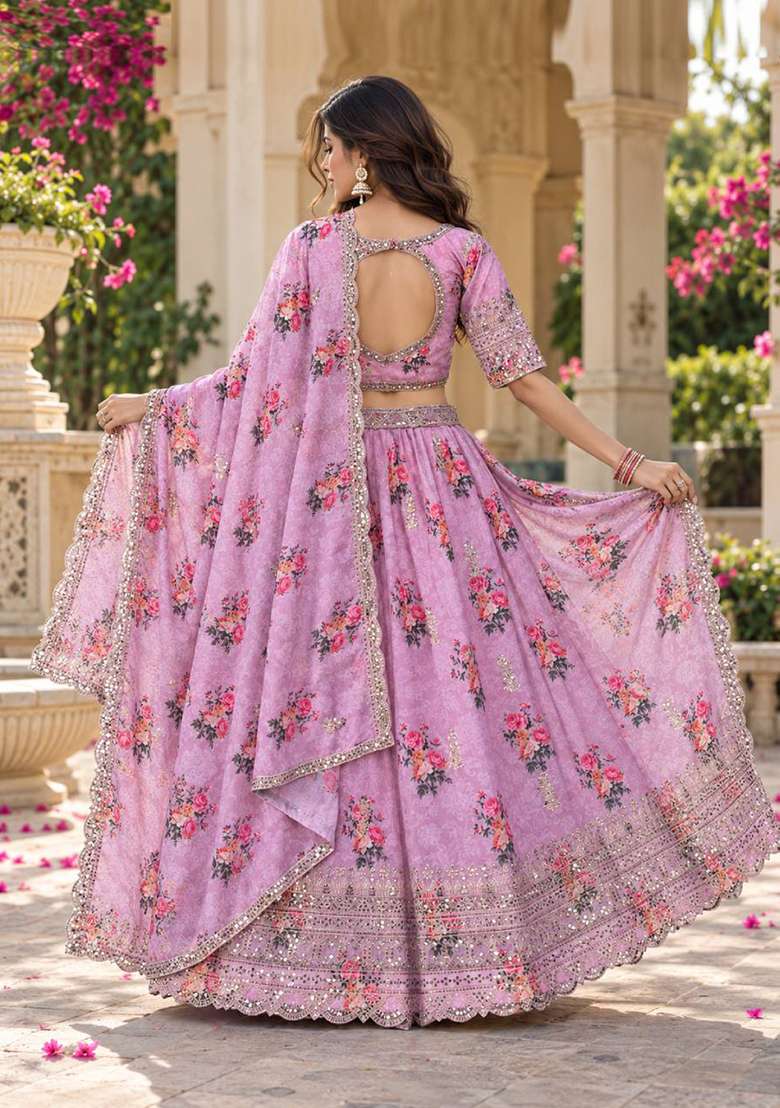 Pink Sequin Work Georgette Lehenga Set - Indya