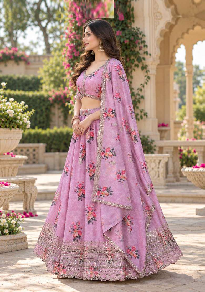Pink Sequin Work Georgette Lehenga Set - Indya