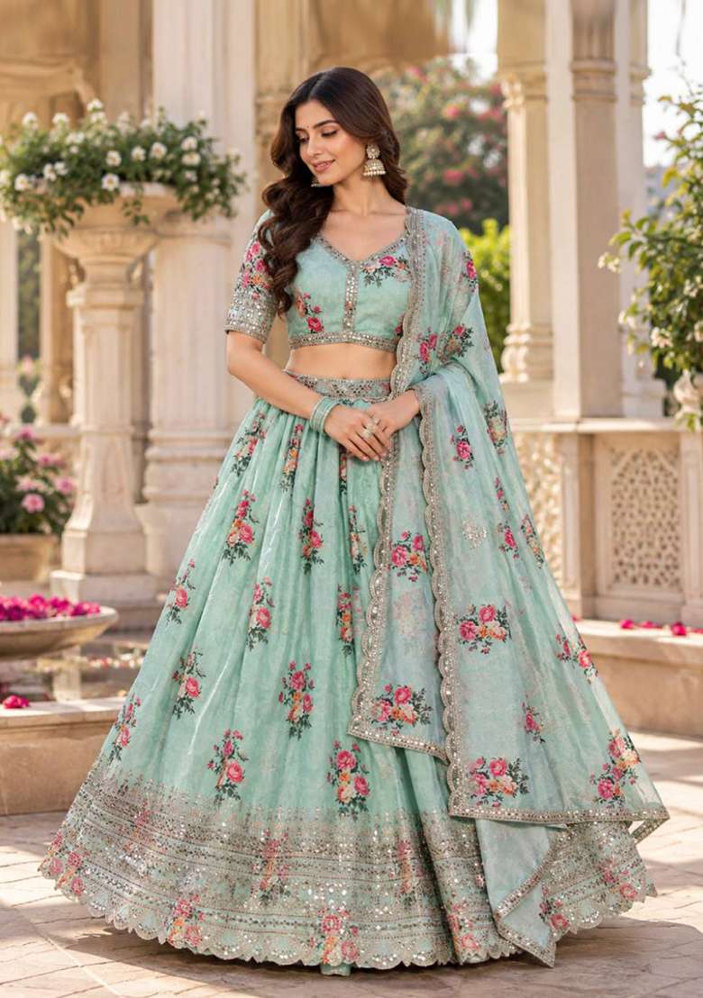 Sea Green Sequin Work Georgette Lehenga Set - Indya