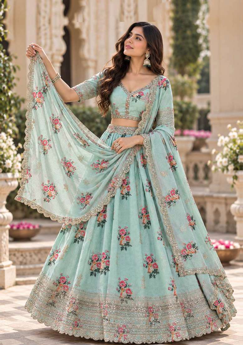 Sea Green Sequin Work Georgette Lehenga Set - Indya