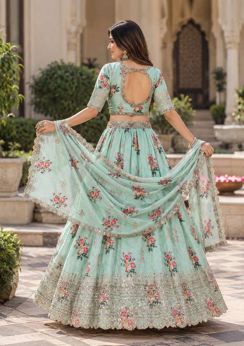 Sea Green Sequin Work Georgette Lehenga Set - Indya