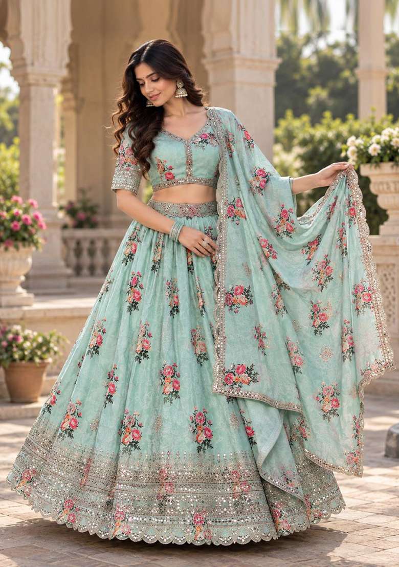 Sea Green Sequin Work Georgette Lehenga Set - Indya