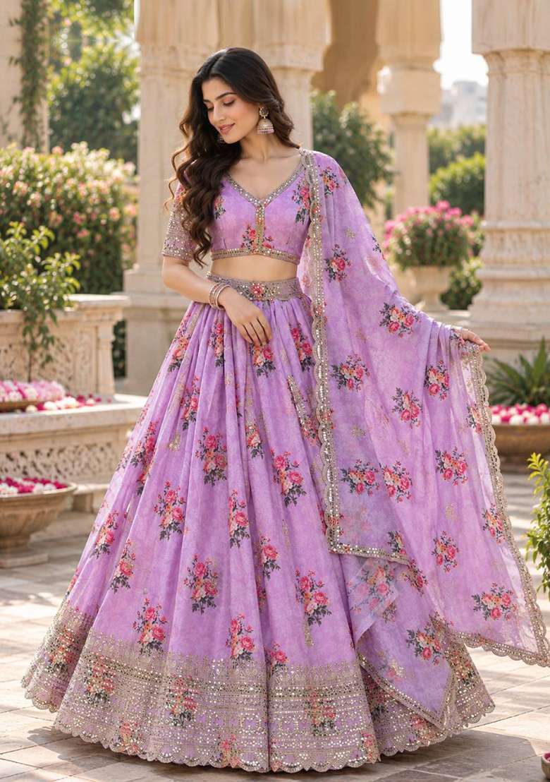 Lavender Sequin Work Georgette Lehenga Set - Indya