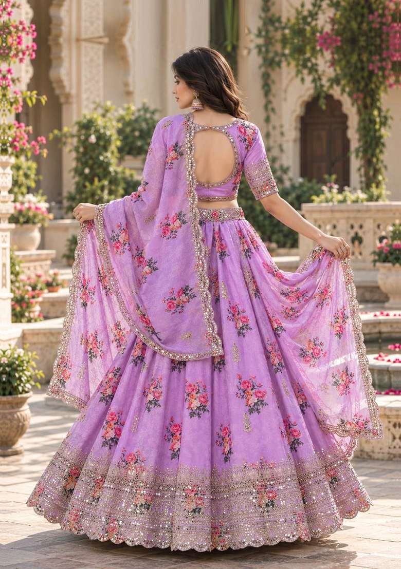 Lavender Sequin Work Georgette Lehenga Set - Indya