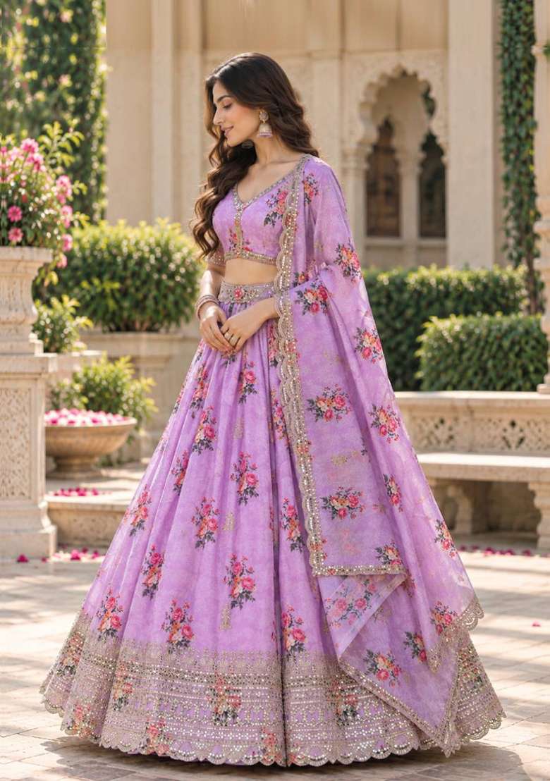 Lavender Sequin Work Georgette Lehenga Set - Indya