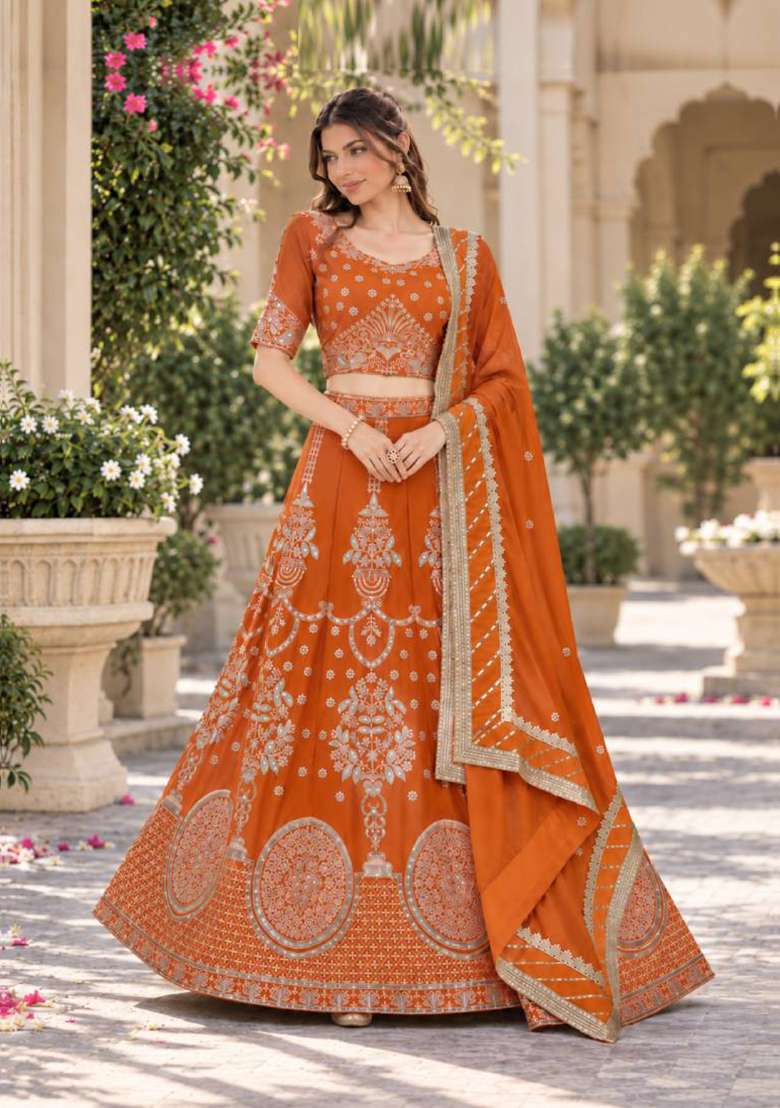 Orange Sequin Work Georgette Lehenga Set - Indya