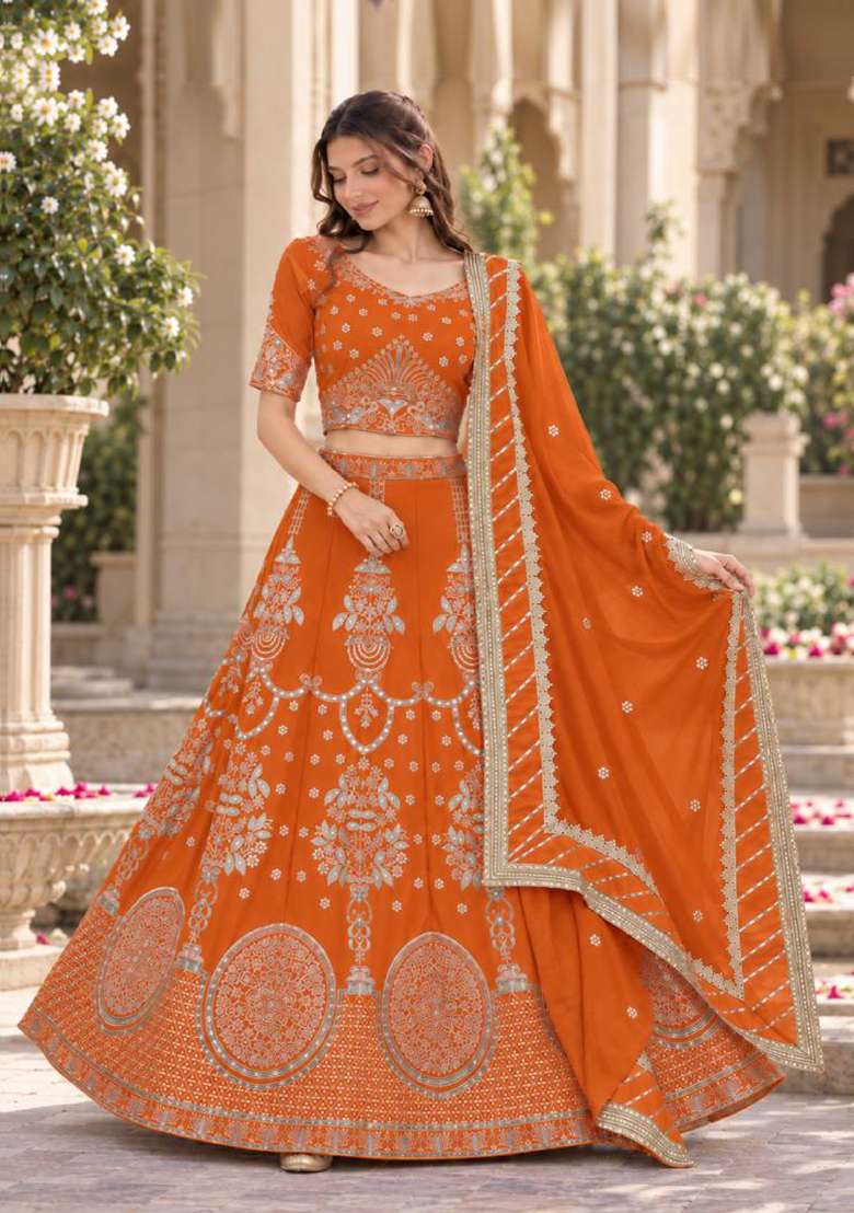 Orange Sequin Work Georgette Lehenga Set - Indya