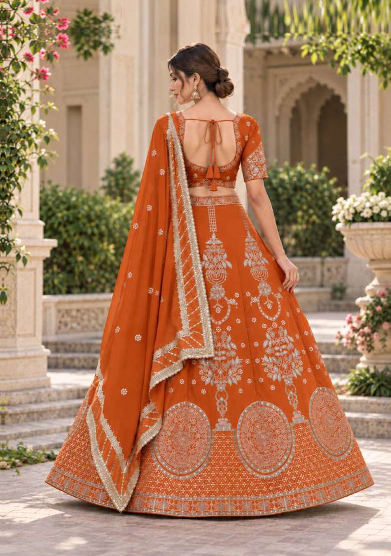 Orange Sequin Work Georgette Lehenga Set - Indya