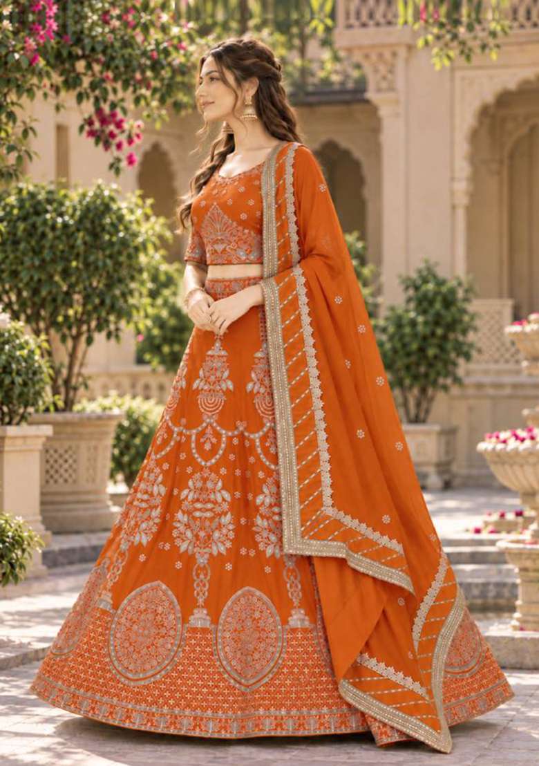 Orange Sequin Work Georgette Lehenga Set - Indya