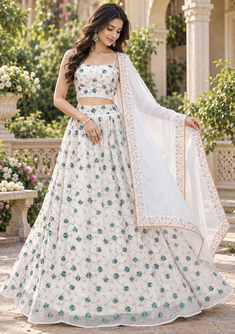 White Sequin Work Georgette Lehenga Set - Indya