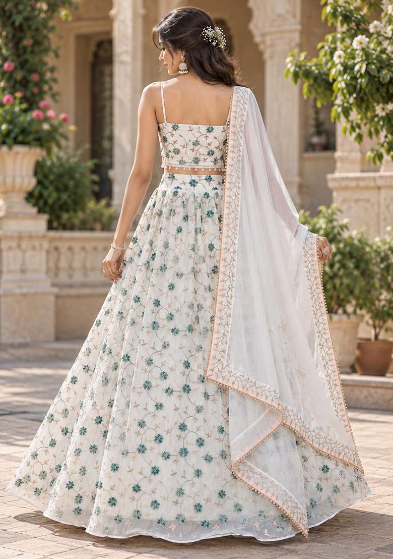 White Sequin Work Georgette Lehenga Set - Indya