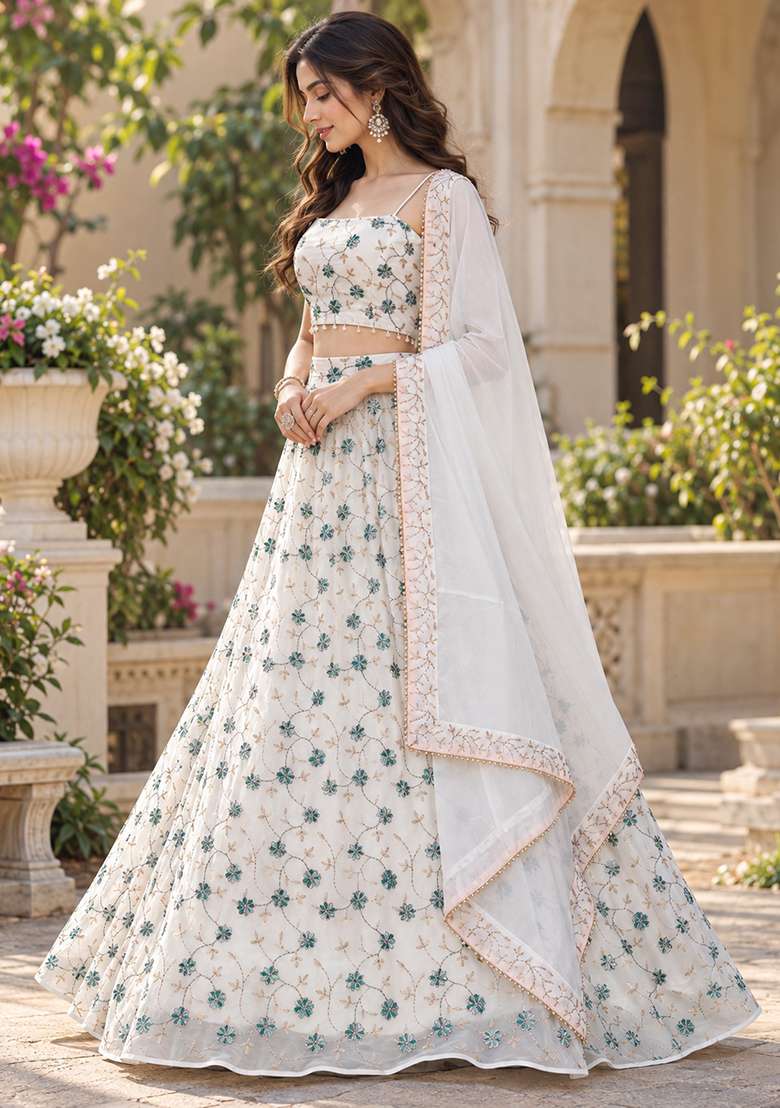White Sequin Work Georgette Lehenga Set - Indya