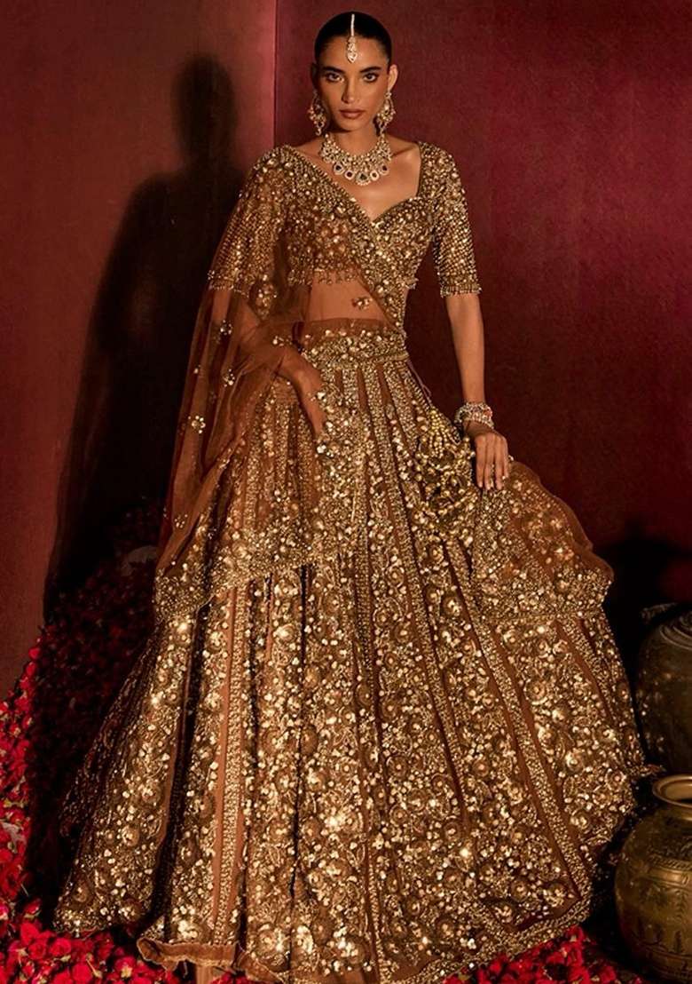 Golden Embroidery Net Lehenga Set - Indya