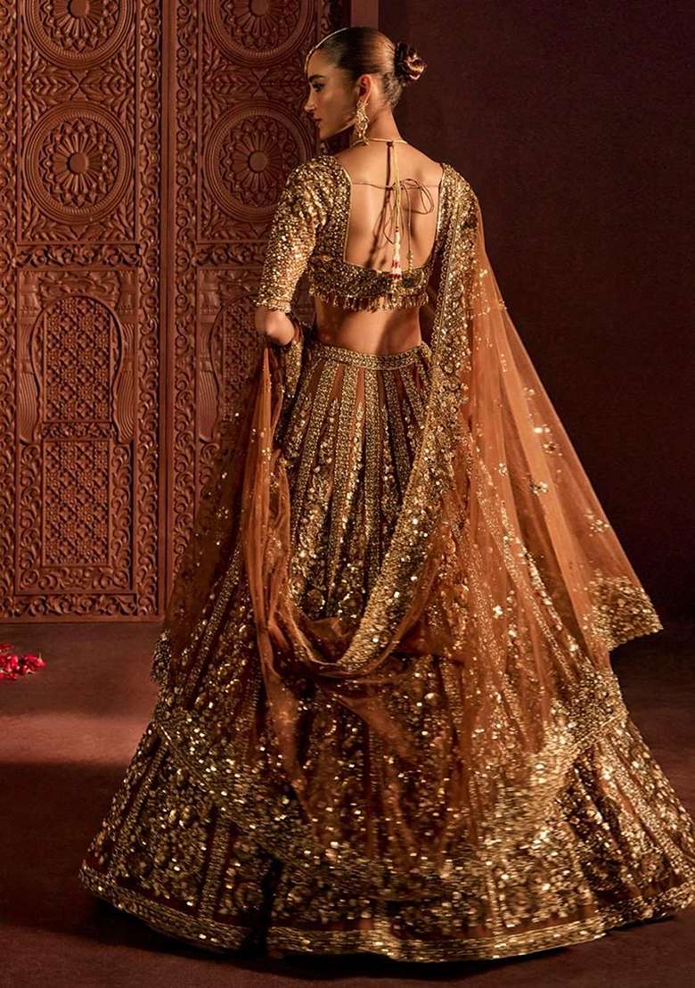 Golden Embroidery Net Lehenga Set - Indya