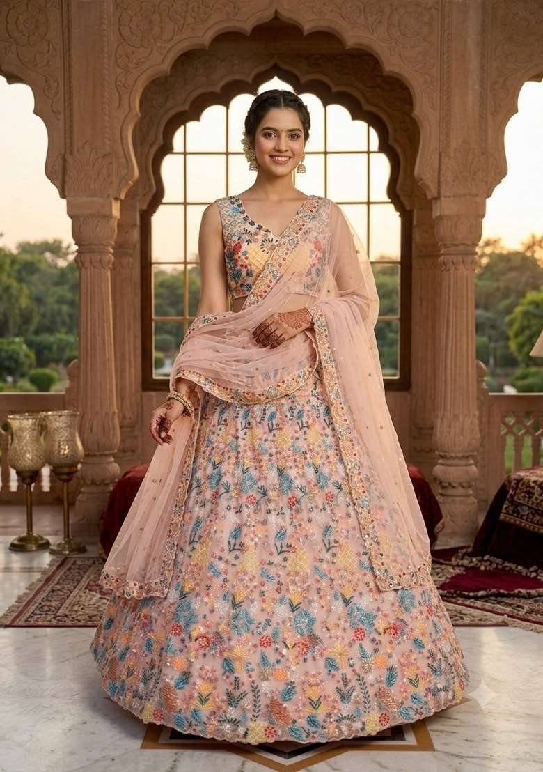 Multicolor Embroidery Net Lehenga Set - Indya