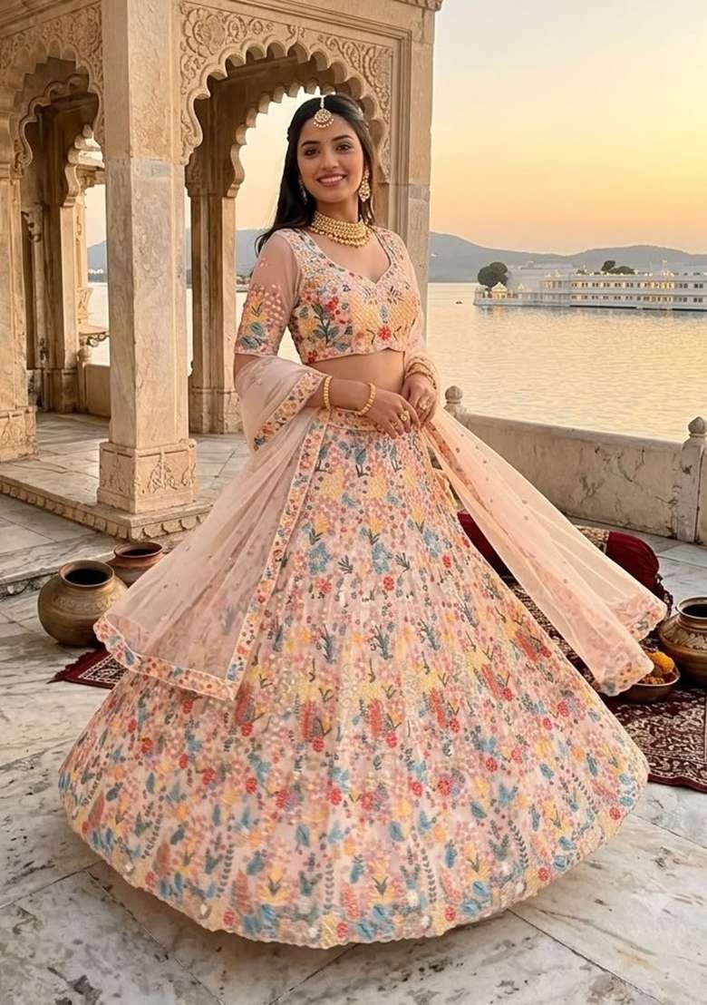Multicolor Embroidery Net Lehenga Set - Indya