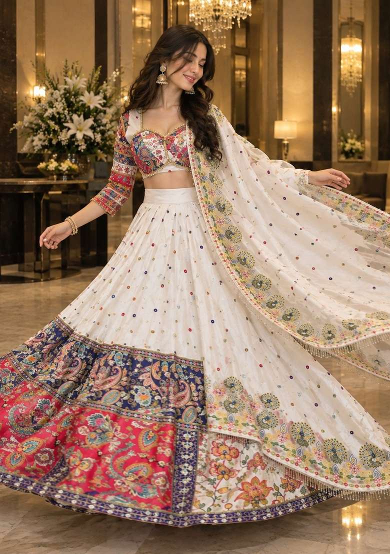 White Silk Lehenga Set with Embroidery for Diwali | Wedding & Festive Wear - Indya