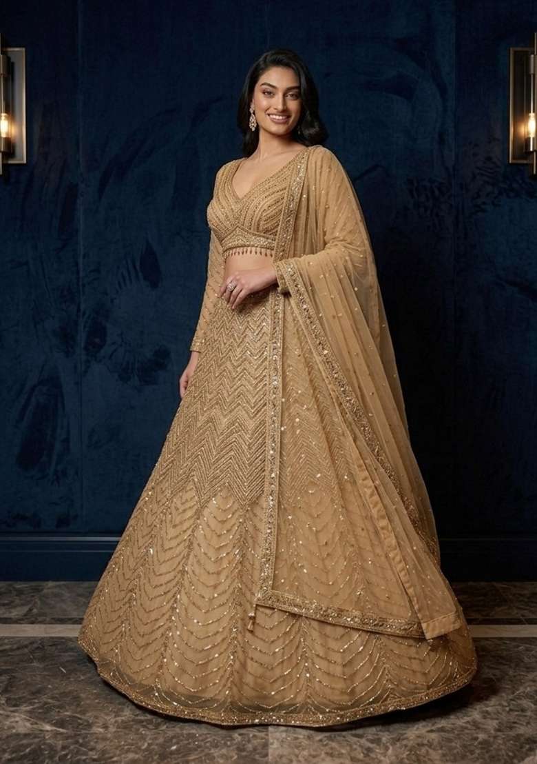 Golden Net Lehenga Set with Embroidery for Diwali | Wedding & Festive Wear - Indya