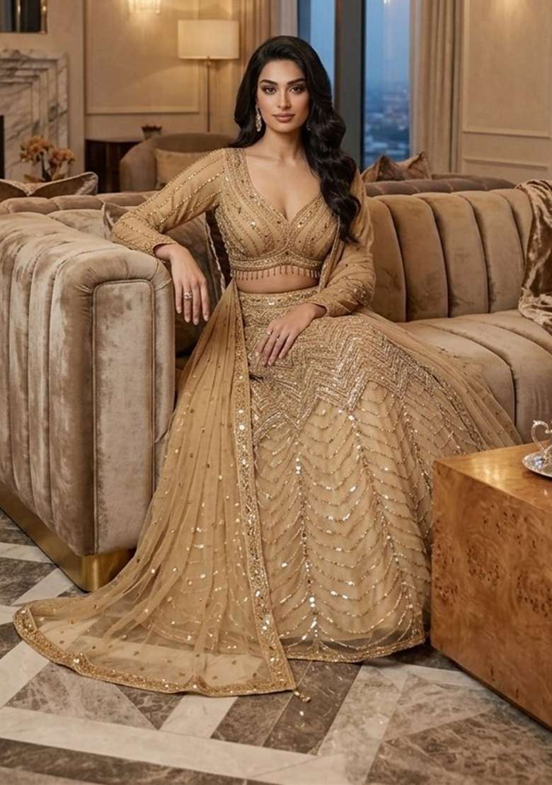 Golden Net Lehenga Set with Embroidery for Diwali | Wedding & Festive Wear - Indya