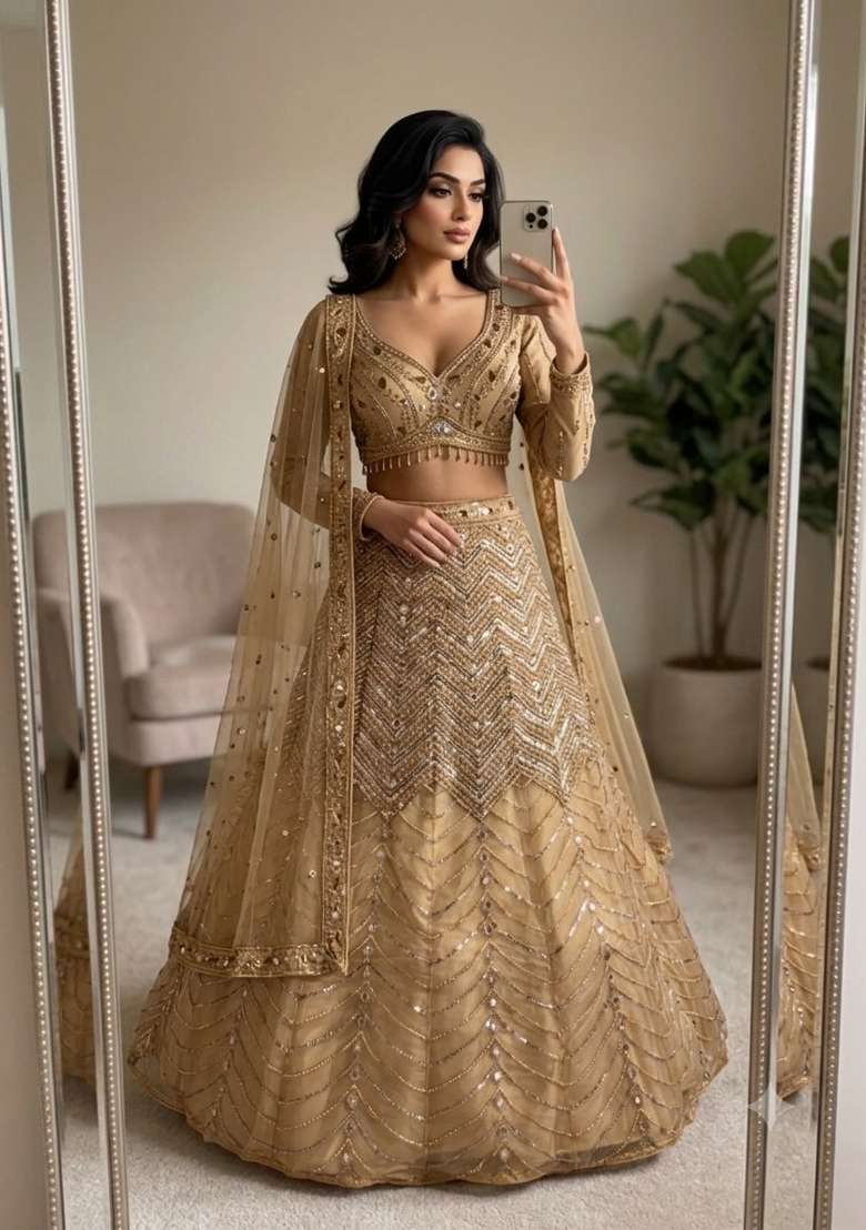 Golden Net Lehenga Set with Embroidery for Diwali | Wedding & Festive Wear - Indya