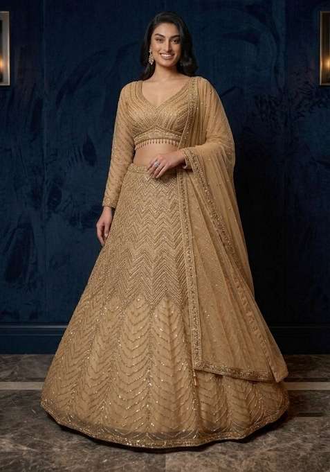 Golden Net Lehenga Set with Embroidery for Diwali | Wedding & Festive Wear