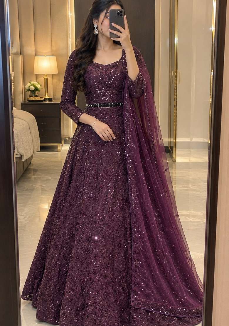 Purple Embroidery Silk Lehenga Set for Diwali and Festive Wear - Indya