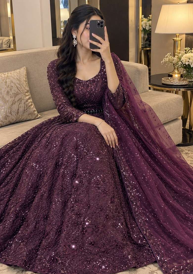 Purple Embroidery Silk Lehenga Set for Diwali and Festive Wear - Indya