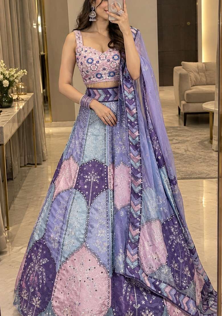 Lavender Silk Lehenga Set with Embroidery for Diwali | Wedding & Festive Wear - Indya