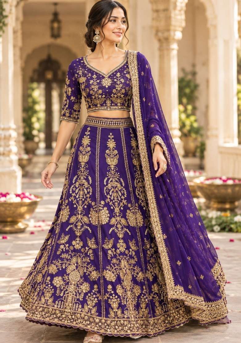 Blue Embroidery Georgette Lehenga Set for Diwali and Festive Wear - Indya