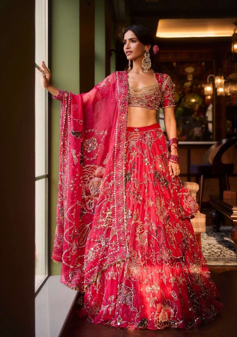 Red Silk Lehenga Set with Embroidery for Diwali | Wedding & Festive Wear - Indya