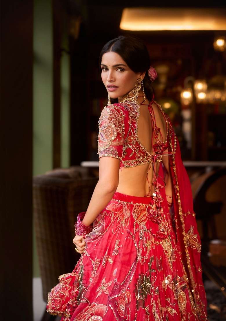 Red Silk Lehenga Set with Embroidery for Diwali | Wedding & Festive Wear - Indya