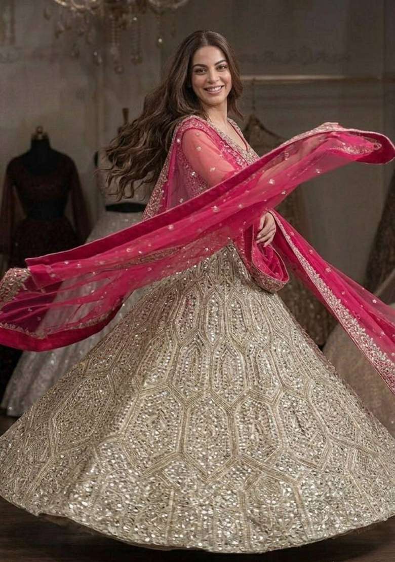 Grey Georgette Lehenga Set with Embroidery for Diwali | Wedding & Festive Wear - Indya