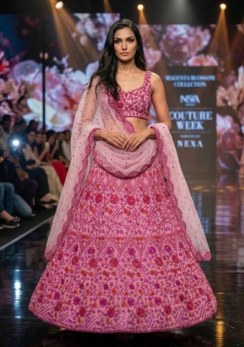 Pink Net Lehenga Set with Embroidery for Diwali | Wedding & Festive Wear - Indya