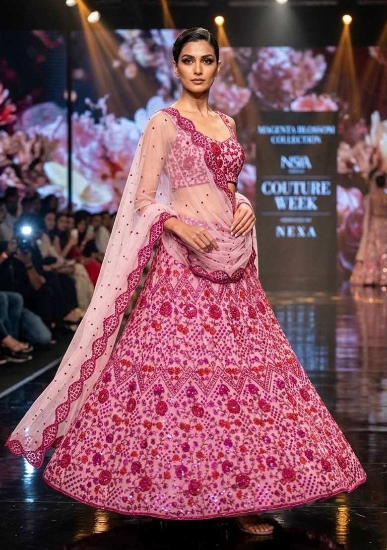 Pink Net Lehenga Set with Embroidery for Diwali | Wedding & Festive Wear - Indya