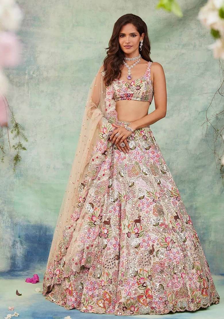 Pink Embroidery Georgette Lehenga Set - Indya