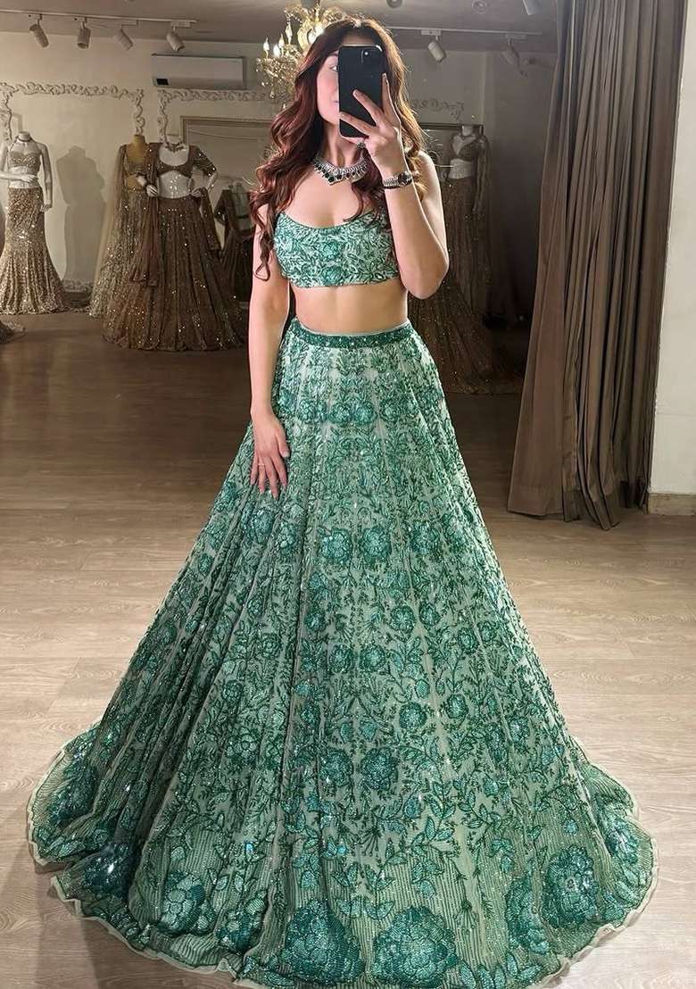 Green Embroidery Georgette Lehenga Set for Diwali and Festive Wear - Indya