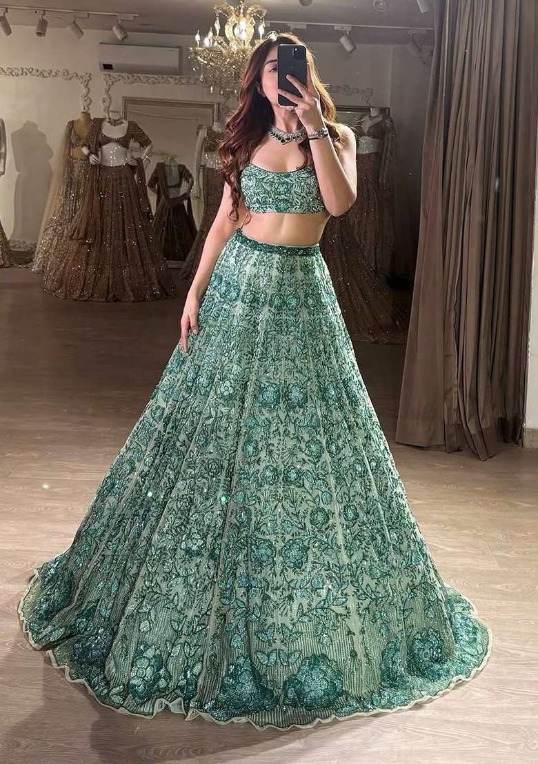 Green Embroidery Georgette Lehenga Set for Diwali and Festive Wear - Indya