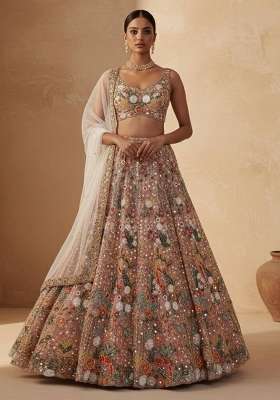 Peach Embroidery Net Lehenga Set
