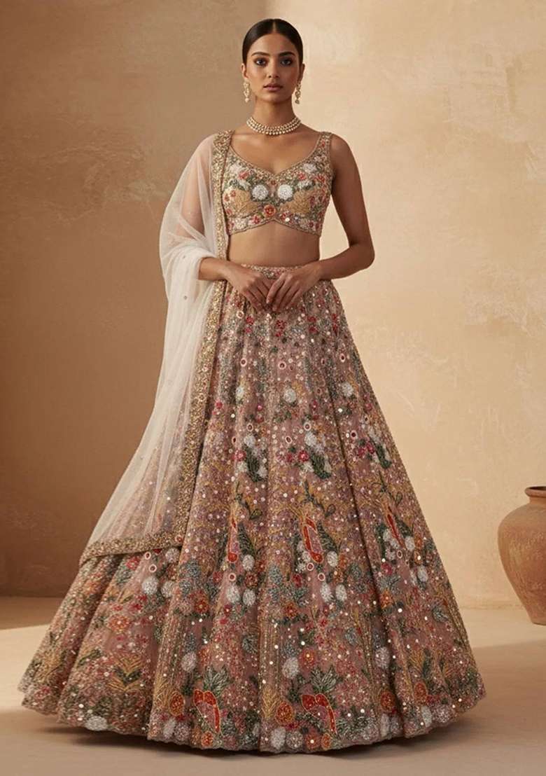 Peach Embroidery Net Lehenga Set - Indya
